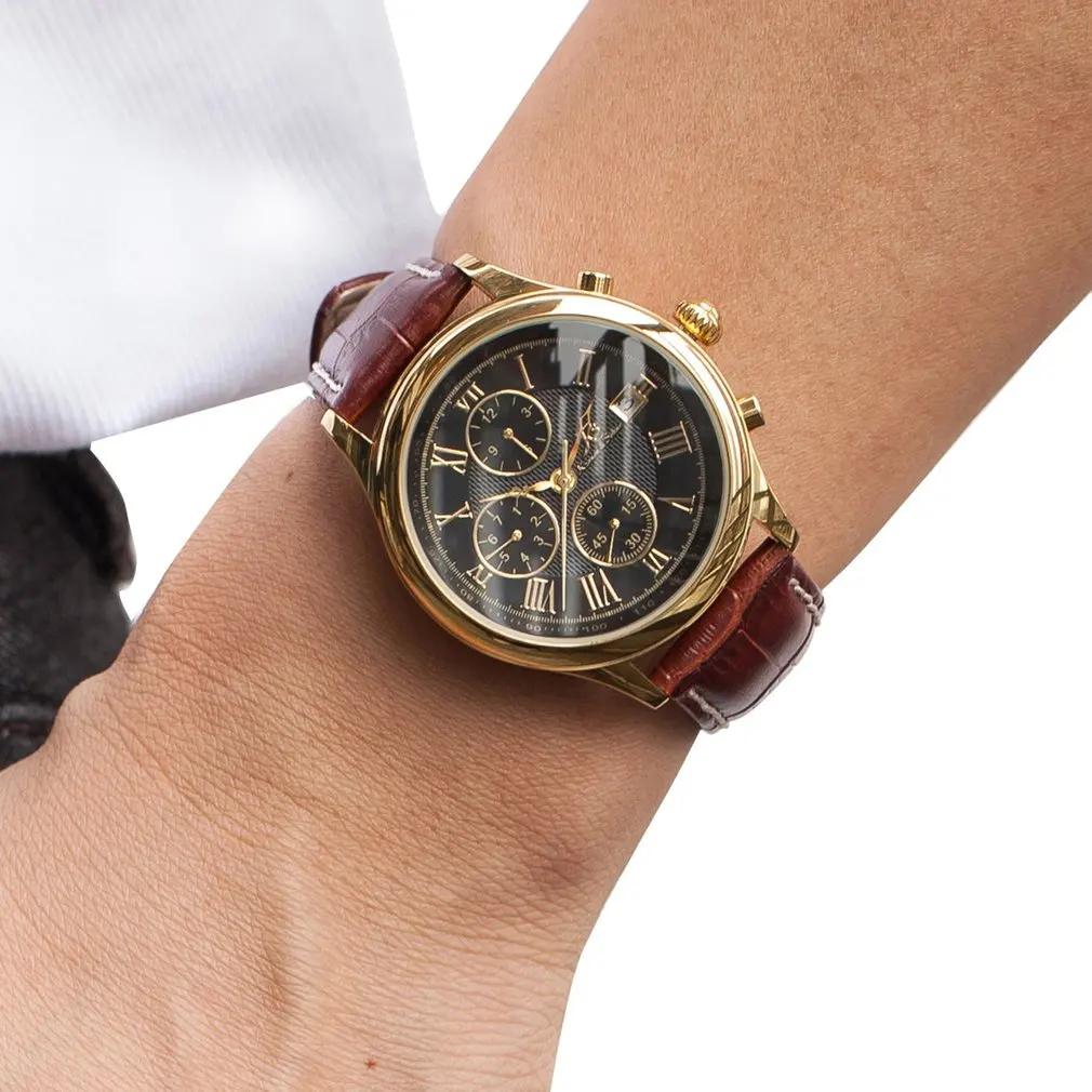 IMPERIAL KS Retro Skeleton 6 Hands Golden Case Luxury Brand Day Month Display Brown Leather Strap Men's Mechanical Watch / KS146