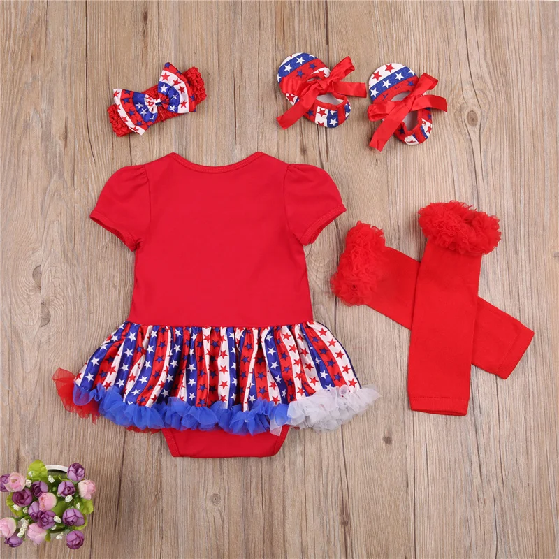 

4pcs Newborn Girls Clothes Sets,Baby Girl Stars Stripes Short Sleeve O-Neck Independence Day Dress+Bowknot Headband+Socks+Shoes