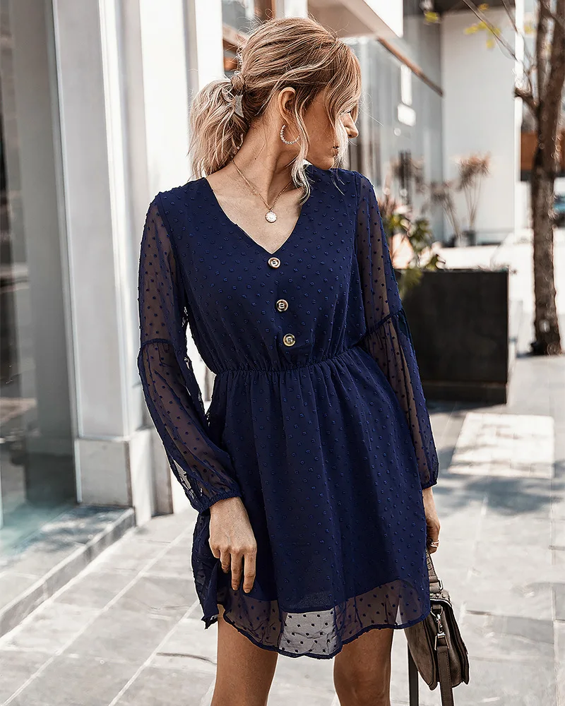 

Women Autumn V Neck Button Dress Front Solid Puff Ruffles Elegant A-Line Dresses Female Sexy Short Party Mesh Dress Vestidos