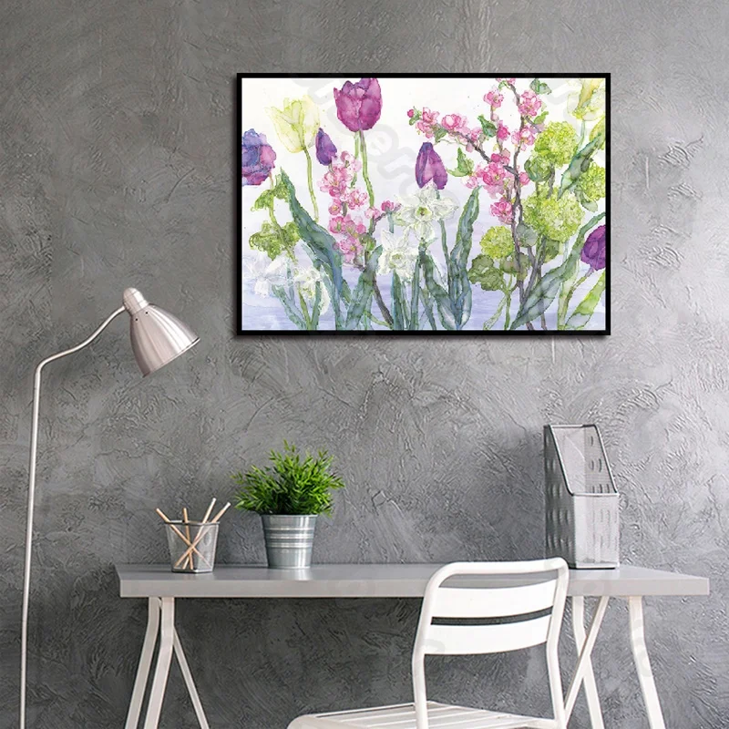 

Modern Style Canvas Painting Poster Watercolor Pictures Blooming Red and Purple Flowers and Green Leaves for Home Rooms Decorati