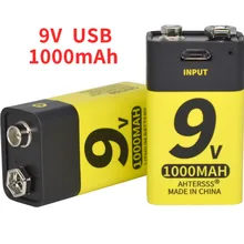Rechargeable cylinder of lithium 9v, usb, 6f22, 9v, lithium ion battery for multimeter, smoke alarm, metal detector, etc.