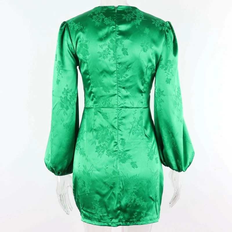 

Women's Satin Dresses Green Deep V Neck Botton Lantern Sleeve Mini Dress Sexy Female Party Dresses Club Autumn