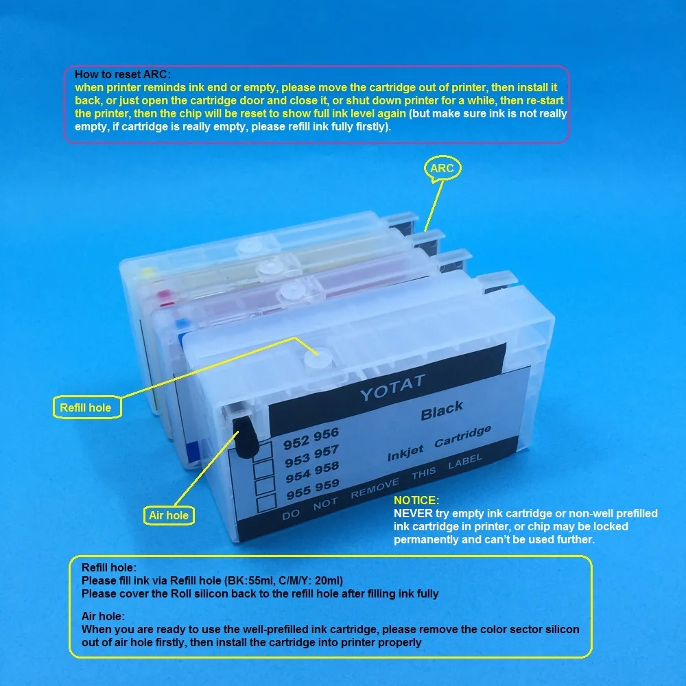 YOTAT 400 мл краситель + (чип ARC) многоразовый картридж для HP 955 955XL Officejet Pro 8216 8710 8720 8210 8702