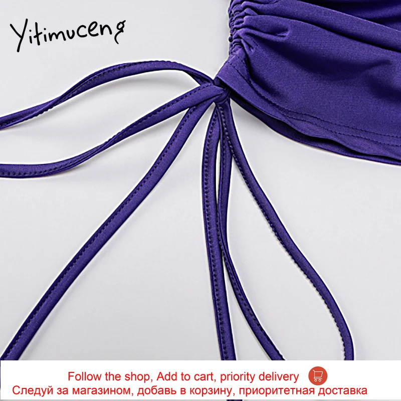 

Yitimuceng Folds Mini Dress Women Sundress Sexy One Shoulder Diagonal Collar Purple Long Sleeve Shirring Party Dresses Lady 2021