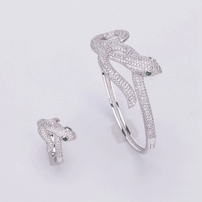 

Green Eyes Snake Charm Bangle Finger RIng Animal Jewelry Set Paved Zirconia Stone Gold Plated For Women Jewelry Drop Shipping