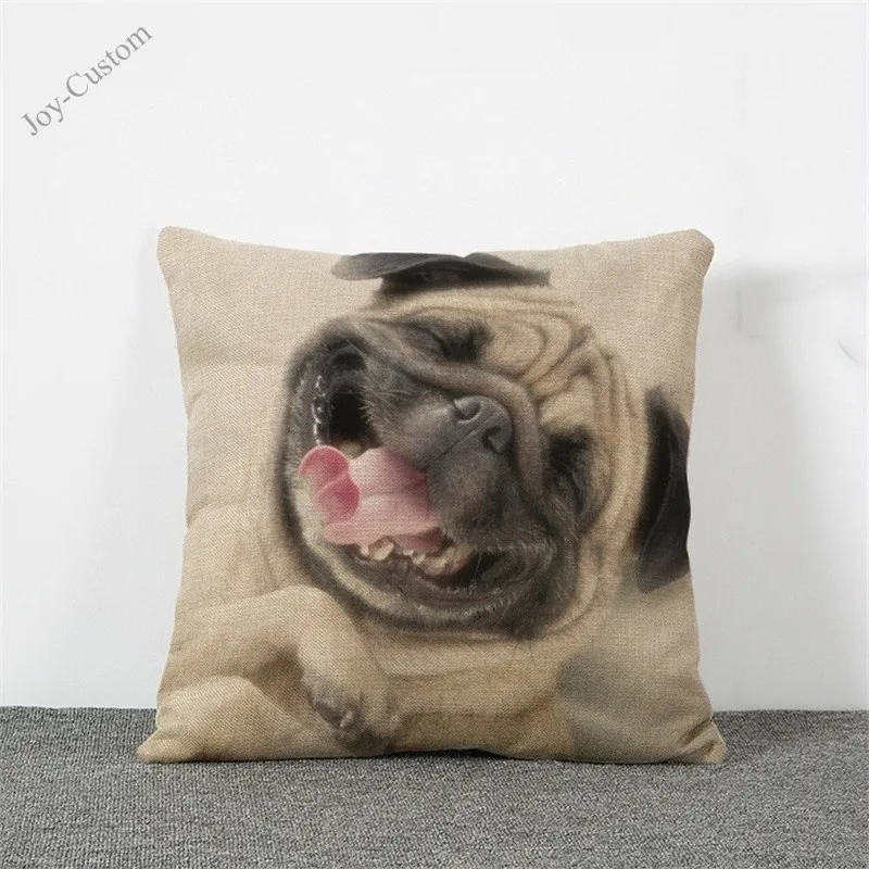Cute Cushion Cover Cotton Linen Pug Dog Cat Decorative Pillowcase Chair Seat Square 45x45cm Pillow Home Living Textile |