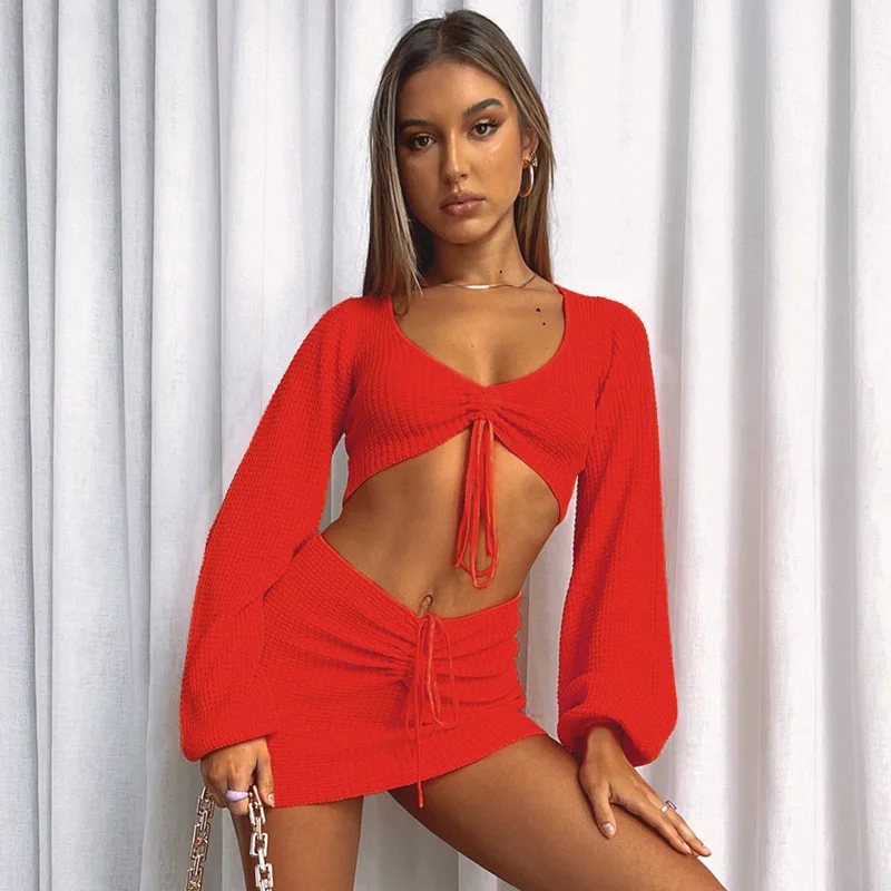 Avrilyaan - two piece set of knitted lace miniskirt and blouse elegant suitable for party autumn 2021 |