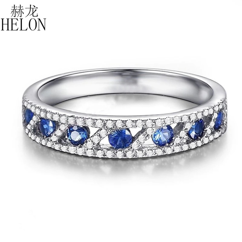 

HELON Solid 10K White Gold 0.75ct Genuine Sapphires & Natural Diamonds Ring Women Gemstone Fine Jewelry Engagement Wedding Ring