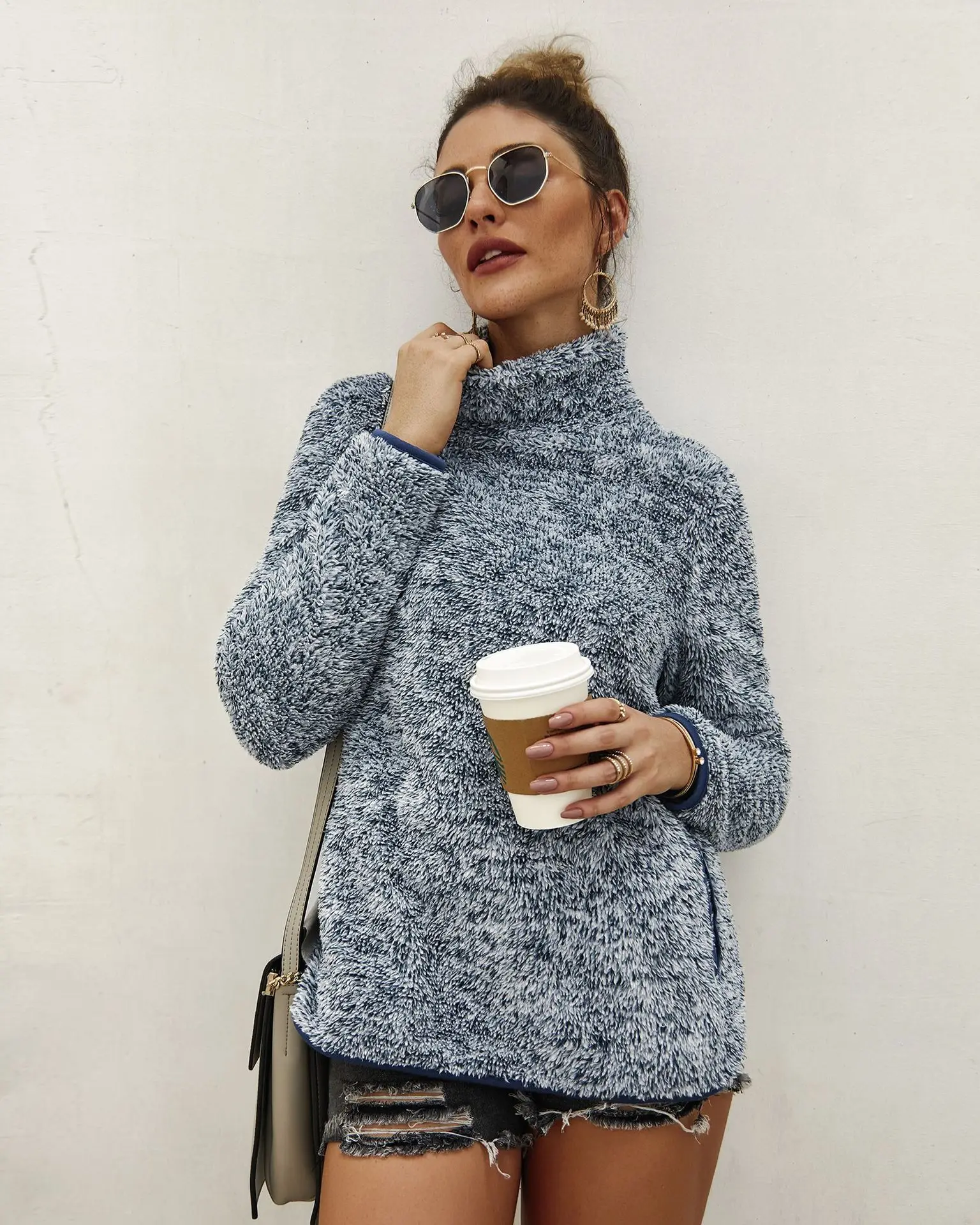 Missufe Sexy Turtleneck Plush Sweatshirts With Pocket Autumn Winter Casual Warm Hoodies Long Sleeve Pullovers Slim Hooded