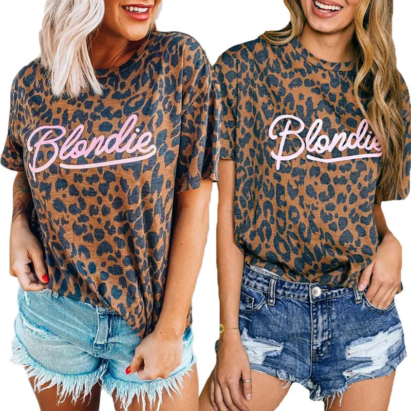 

Fashion Women Summer Letter Print Leopard Top T-Shirt Bodycon Ladies Slim Tee Shirt Female Fit Party Club Streetwear Plus Size