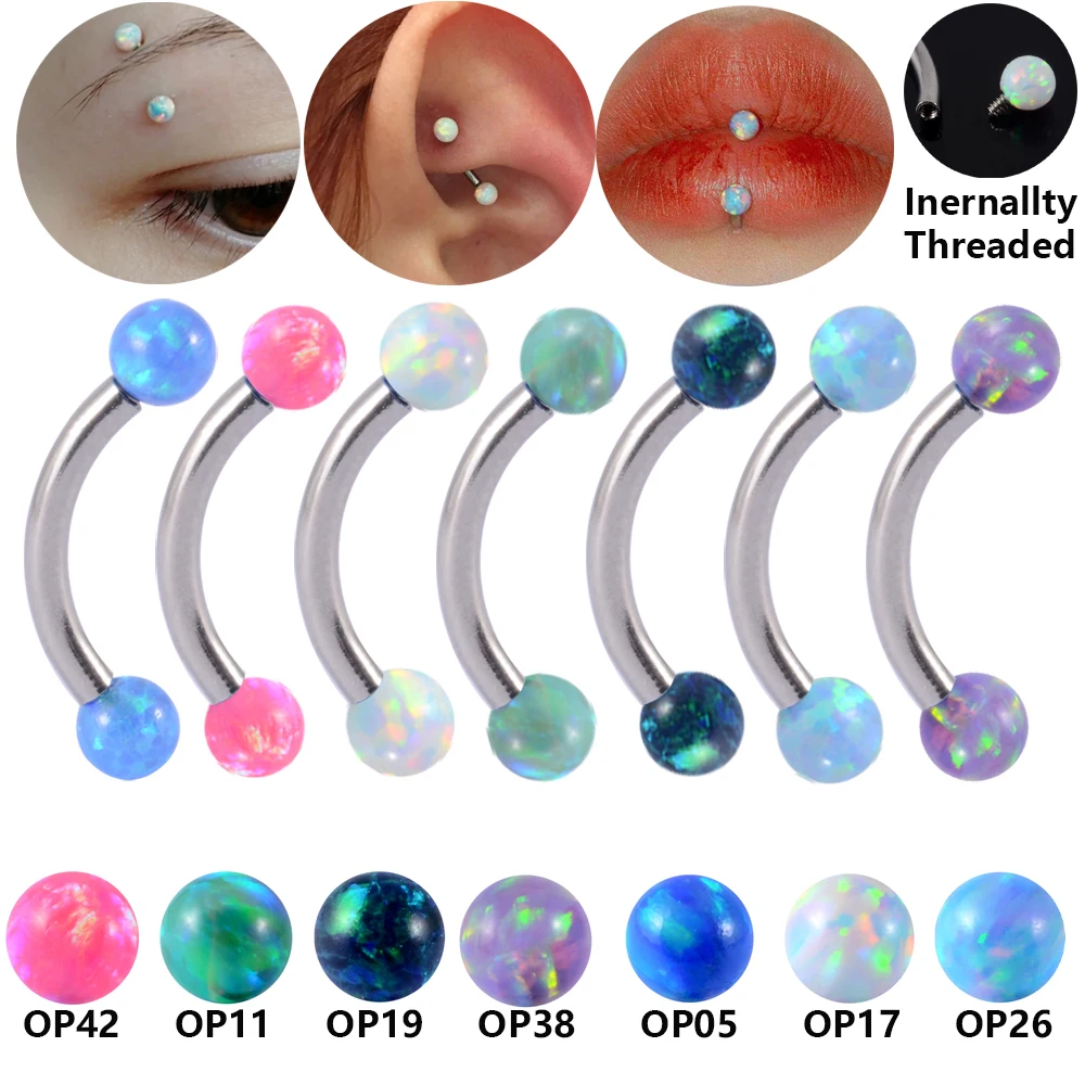 Серьги-гвоздики для бровей, для пирсинга, из хирургической стали, 16x8x3 мм, с опаловым шариком, изогнутые, губная штанга, ушной хрящ