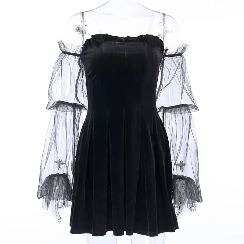 

2021 Goth Dark Mesh Vintage Gothic Sexy Dress Off Shoulder Strap Pleated Dress Y2k Chic Punk Hip Hop Patchwork Velvet Mini Dress