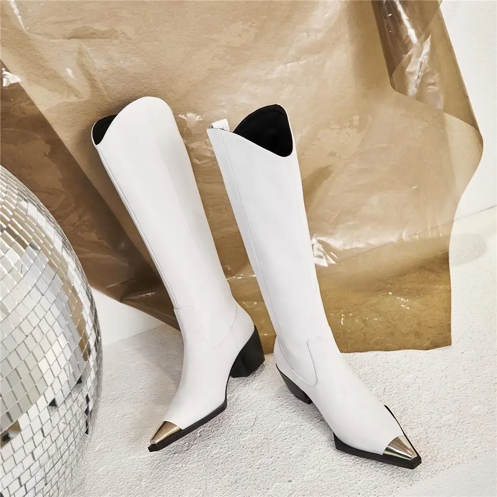 Buono Scarpe/Сапоги до колена с металлическим квадратным носком; фирменный дизайн из натуральной кожи; модная обувь на высоком каблуке; Botas Mujer; обувь на не сужающемся книзу массивном каблуке; Zapatos; Лидер продаж