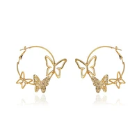 new retro three butterfly metal circle hoop earrings for women creativity punk hollow gold round earring unique design jewelry
