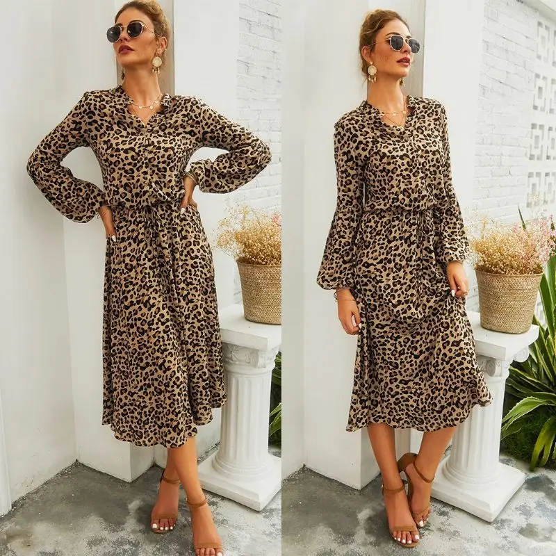 Женское платье-миди с леопардовым принтом Свободные повседневные платья