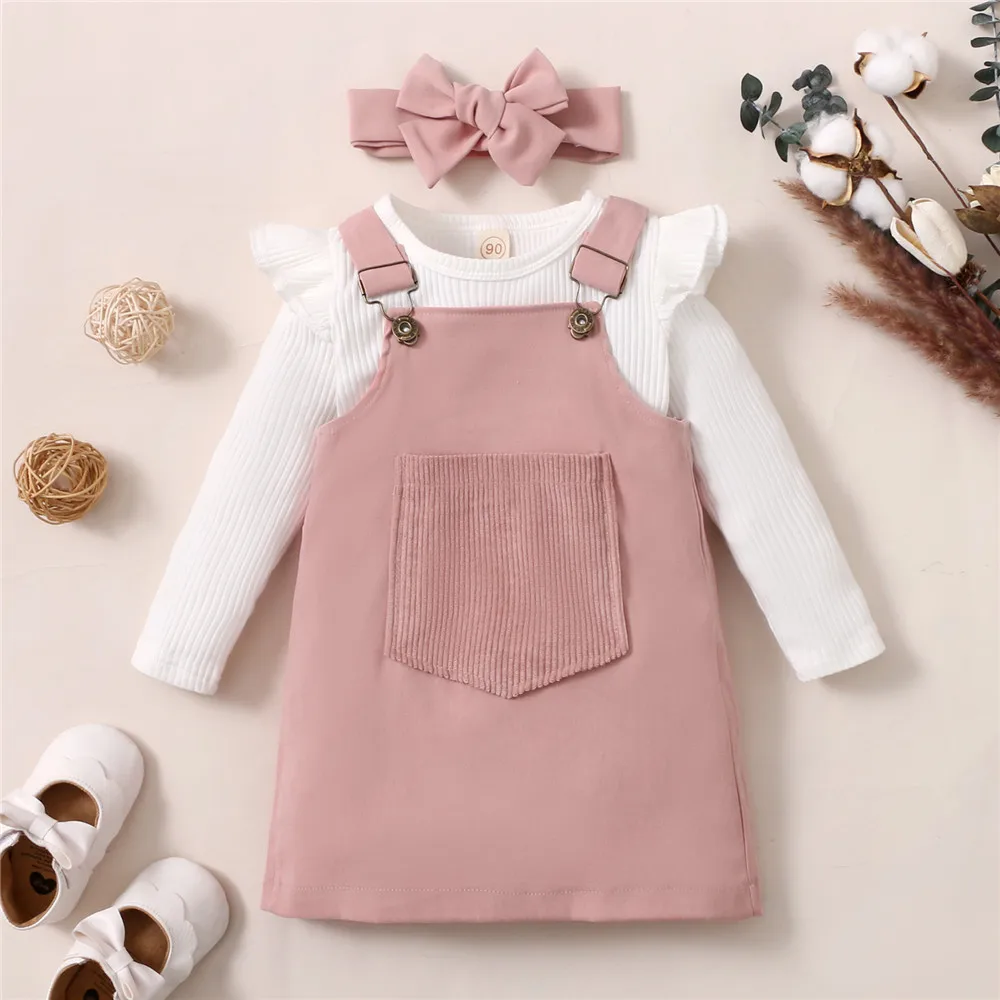 

Multicolor Toddler Girls 3Pcs Outfit Kids Baby Autumn Cute White Ribbed Long Sleeves Sweater Top Solid Suspender Dress Hairband