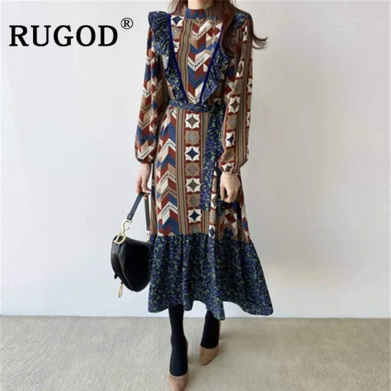 Женское винтажное платье RUGOD Длинное свободное макси с оборками и круглым