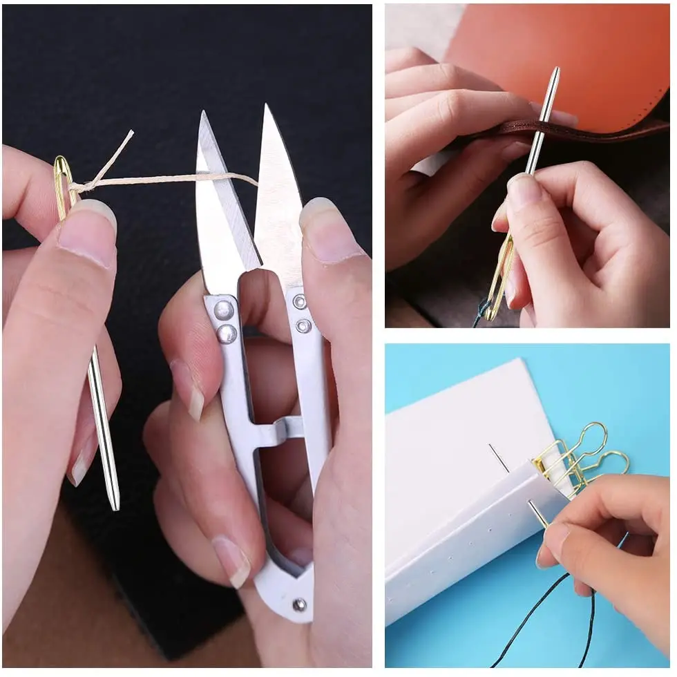 Nonvor Leather Craft Bookbinding Kit Starter Tools, Plastic Bone Folder Creaser Waxed Thread, Leather Sewing Needles Scissors images - 6