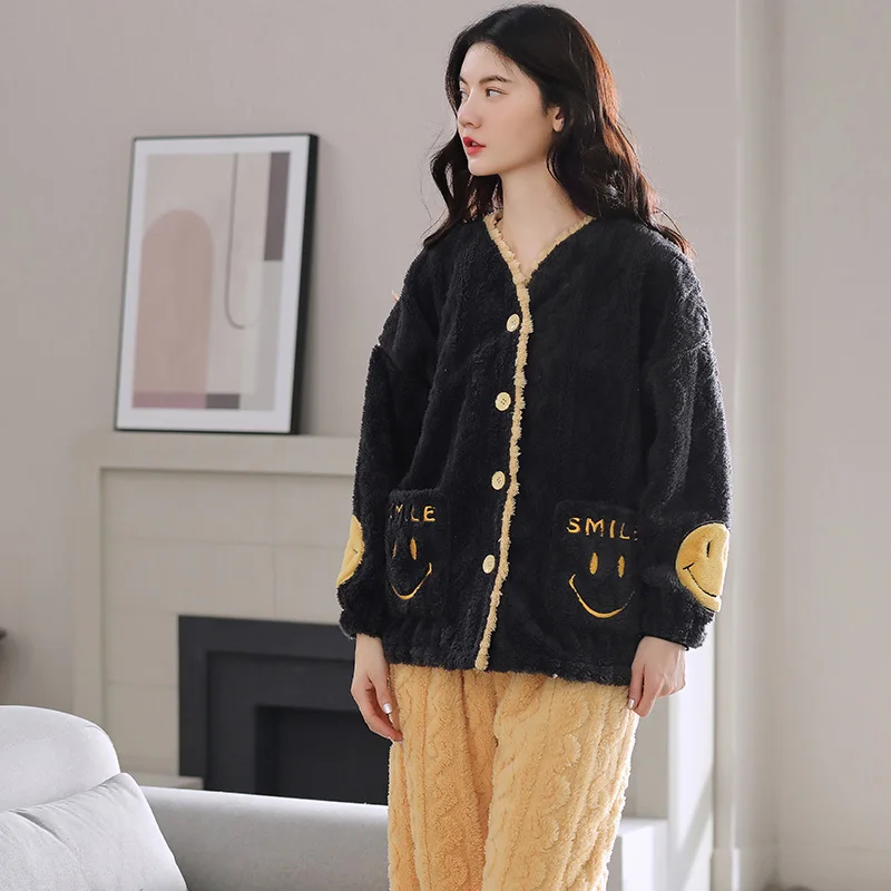 Зимняя плотная теплая Женская Коралловая пижама с длинным рукавом и отложным