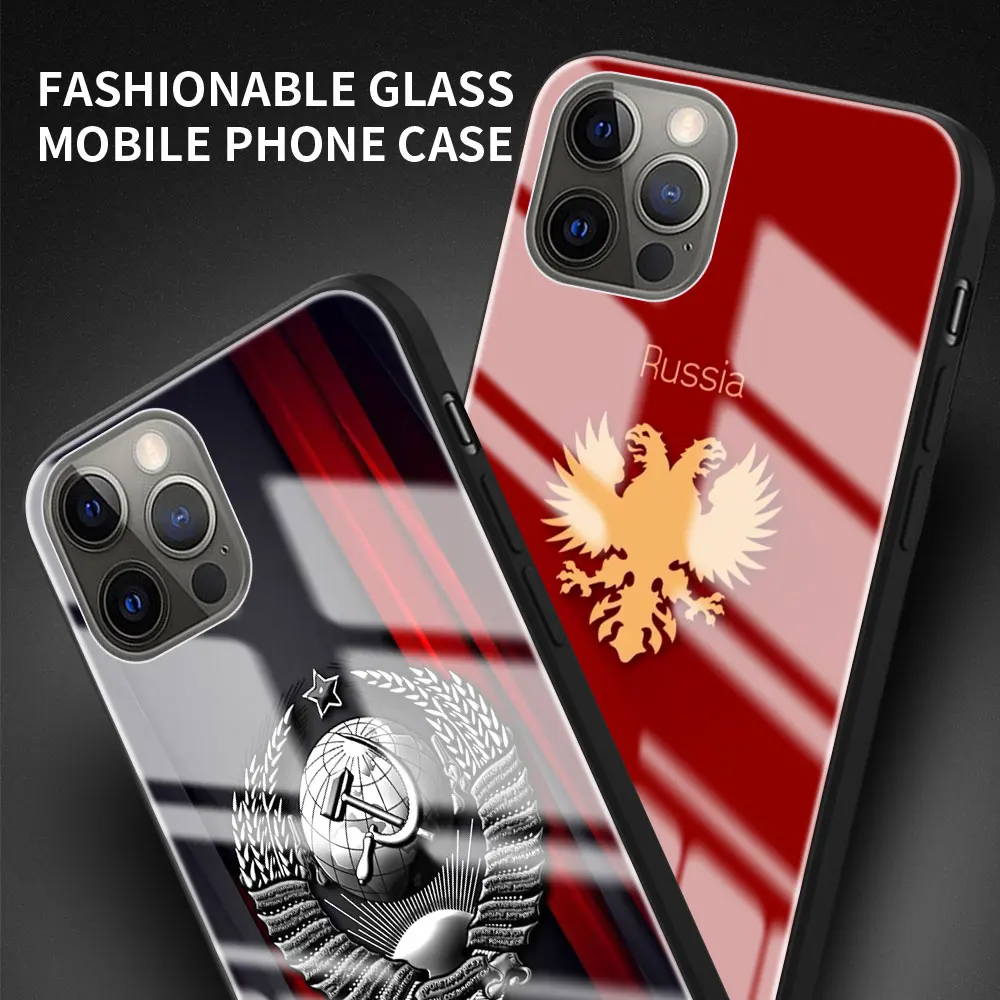 Glass Cover for iPhone 11 12 Pro 7 8 XR X 6 6S Plus 5 XS Max SE Tempered Coque Silicone Soft Edge Case Russia Flag Emblem