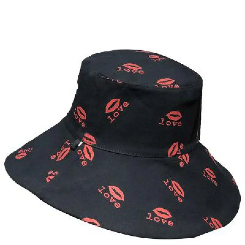 

Bucket Hat Women Korean Fashion Lips Pattern Flat Top Summer Hats For Women Flat Top Wide Brim Gorras Chapeu Sun Hat Female