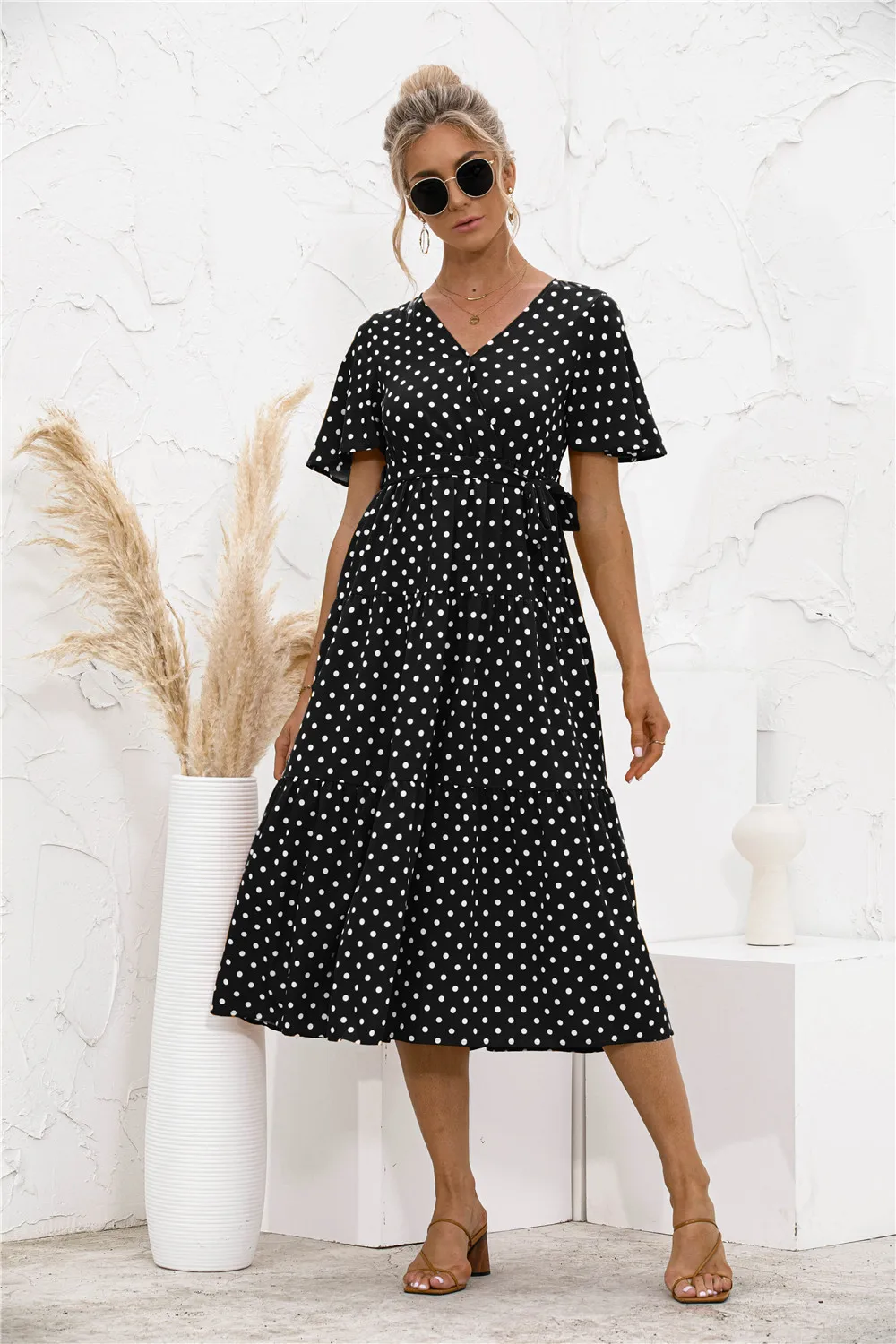 

Polka Dot Floral Dresses For Women 2021 Short Sleeve V-Neck Vestidos De Mujer Casual Bandage Mid-Calf Dress Elegant Robe Femme