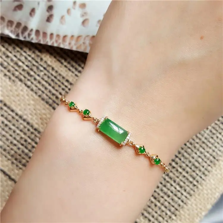 

Original new silver inlaid sun green jade column with full green egg round bracelet elegant charm creative retro silver jeweler
