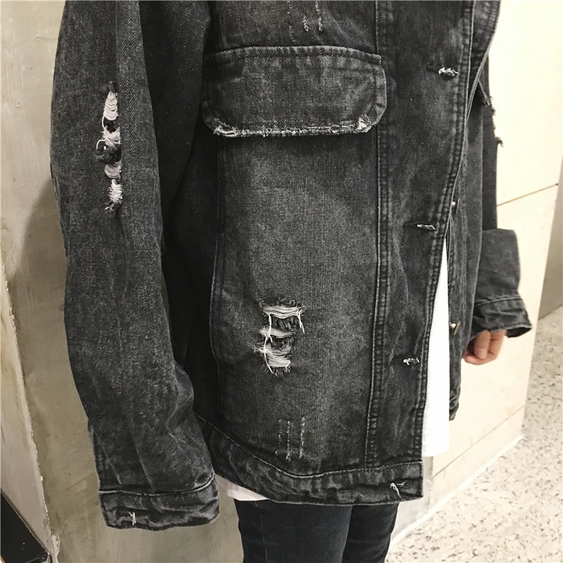 

Women Designer Basic Jackets Hole Solid Black Denim Oversize Outwear Turn-down Collar Korean Style High Quality Retro Female Hot