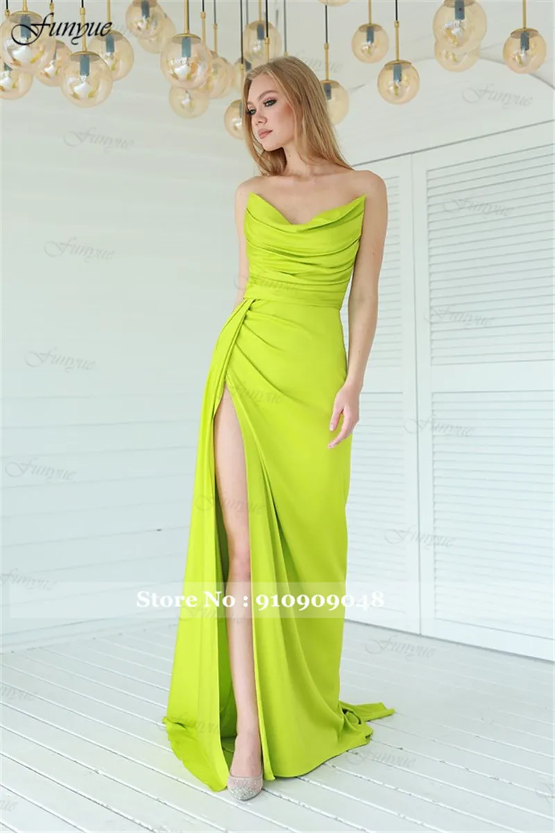 Фото Elegant Off Shoulder Evening Dresses 2025 Sexy High Split Prom Dress Mermaid Satin Simple Plus Size Formal Party Night Gown Long №4