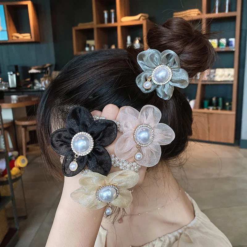 

new fashion Organza Flower Pearl Hair Tie Hair Ties Beads Girls Scrunchies Rubber Bands Ponytail Holders Headwear accessories