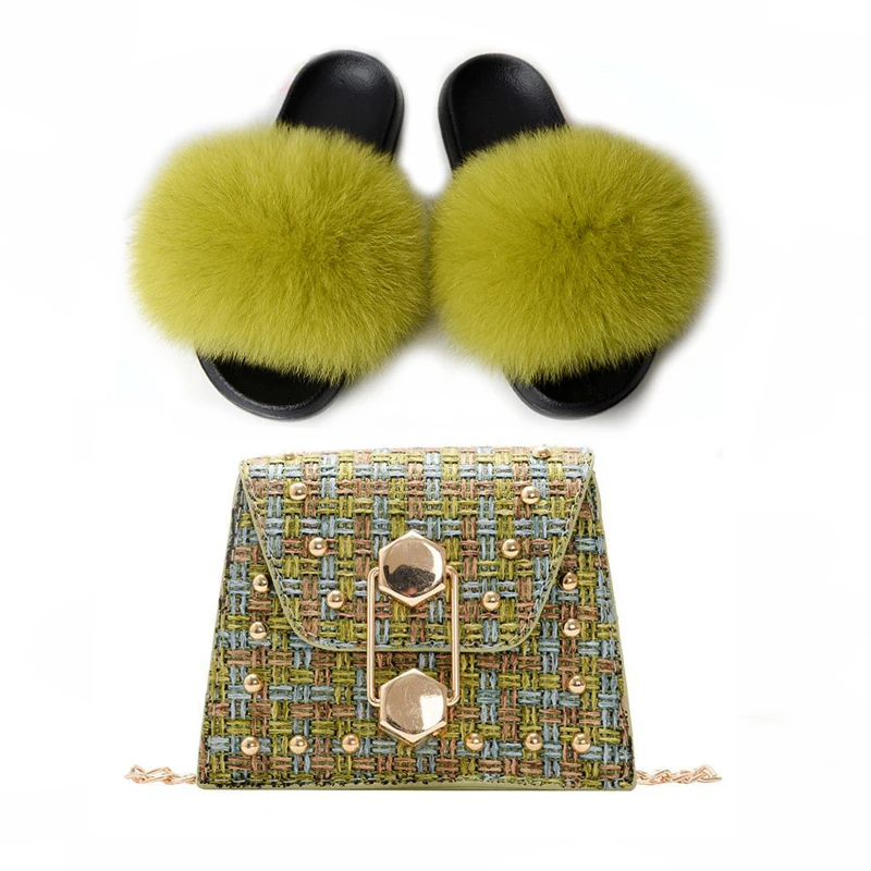 

Baby Slippers Girls' Fluffy Fox Fur Slippers Baby Shoes Fur Slides Girls' Messenger Small Square Bag Beaded Woolen Cloth Bag