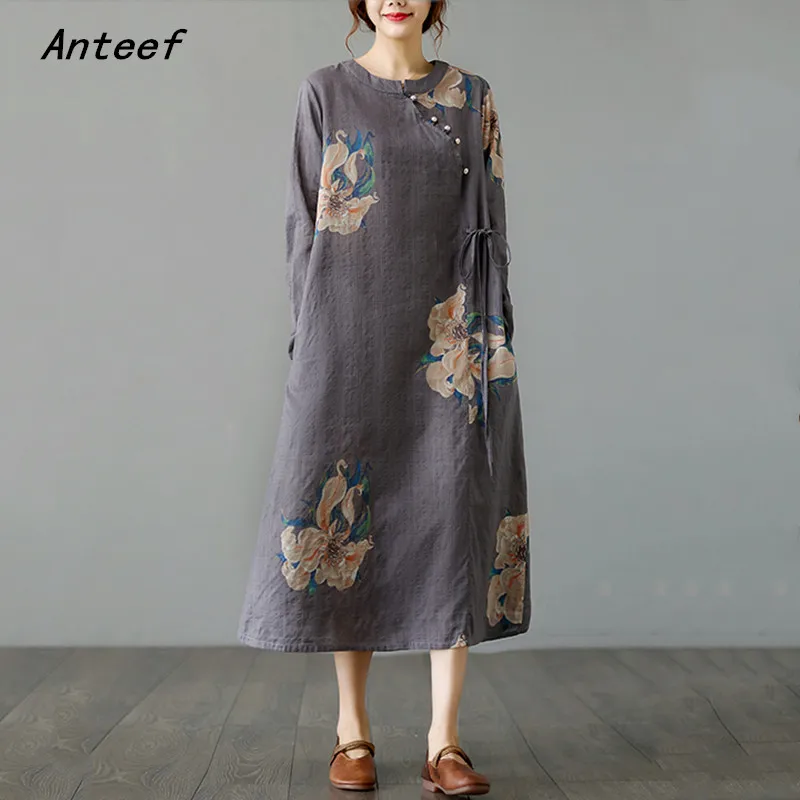 

Женское винтажное платье из хлопка с длинным рукавом и цветочным принтом, повседневное свободное платье на весну, лето и осень, элегантная о...
