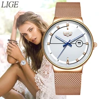 new lige womens watches top brand luxury analog quartz watch women mesh stainless steel date clock fashion ultra thin waterproof