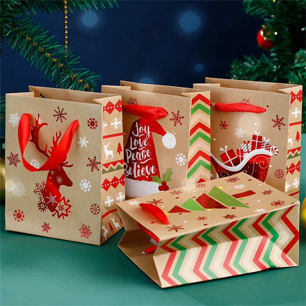

Рождественский Подарочный пакет, Рождественский пакет из крафт-бумаги со снежинками, упаковка для конфет и закусок, Подарочный пакет, празд...