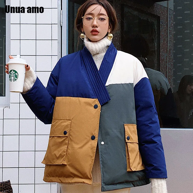 

Unua amo Fashion V-neck Hit Color Puffer Jacket Women Thick Cotton Padded Warm Parkas Female Loose Streetwear Winter Coat