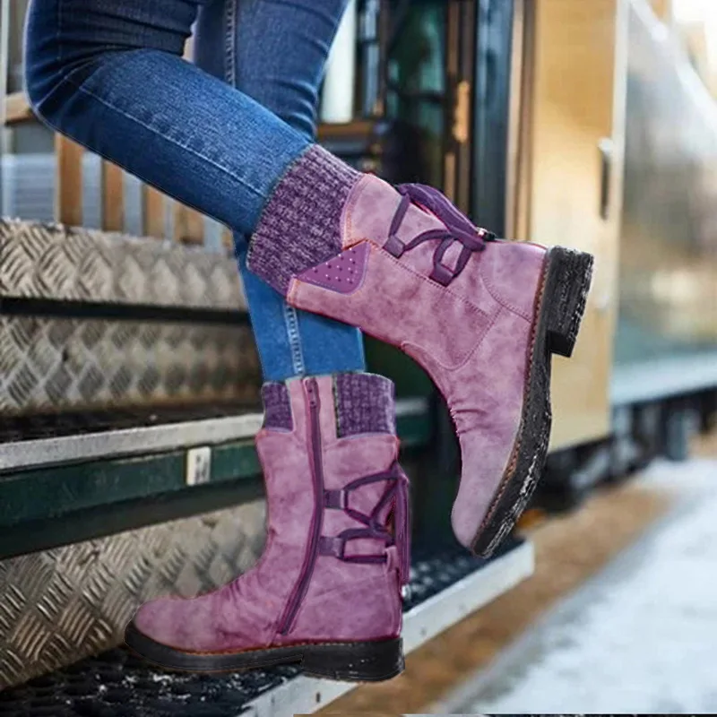 Laamei Women's Western Boots Winter Mid Tube Knight Boot Lady Retro Rome Slip-On Low Heel Leather Shoes Wide Calf Cowboy Botas - Цвет: Purple B