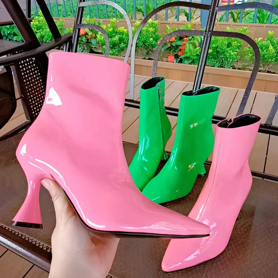 

2022 Fashion Patent Leather Women Ankle Boots Thin Heel Pointed Toe Shoes Ladies Fashion Short Booties Candy Colors Female Pumps