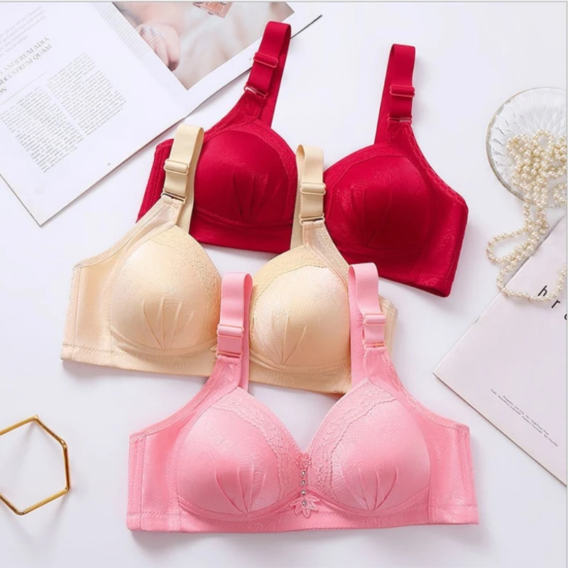 

Women Plus Size Wireless Bra Floral Lace Trim Rhinestone Padded Adjustable Brassiere Solid Color Comfort Full Coverage Underwear