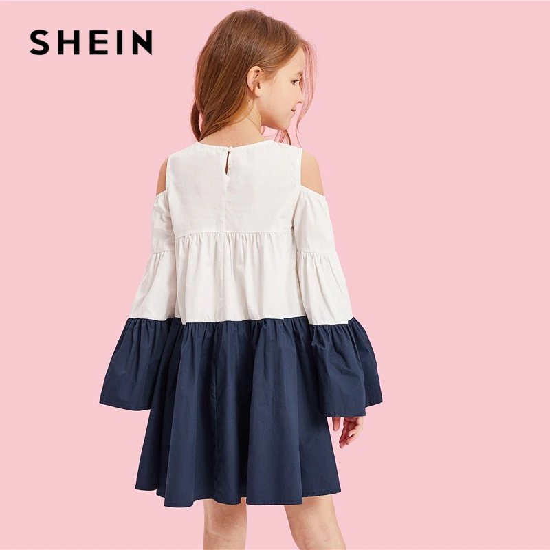 SHEIN Kiddie/многослойное платье с цветным блоком и открытыми плечами для девочек г., Осенний рукав-волан, трапециевидные платья для подростков