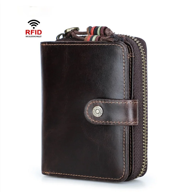 RFID anti-theft brush European and American trendy cowhide men's wallet with zipper buckle men's wallet