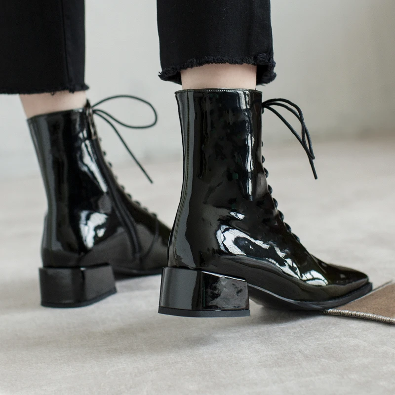 Murah Ukuran 34-43 Patent Kulit Wanita Boots Round Toe Sepatu Wanita Merek Mewah Tinggi Atas Sepatu Anti-selip Wanita Pergelangan Kaki Martins