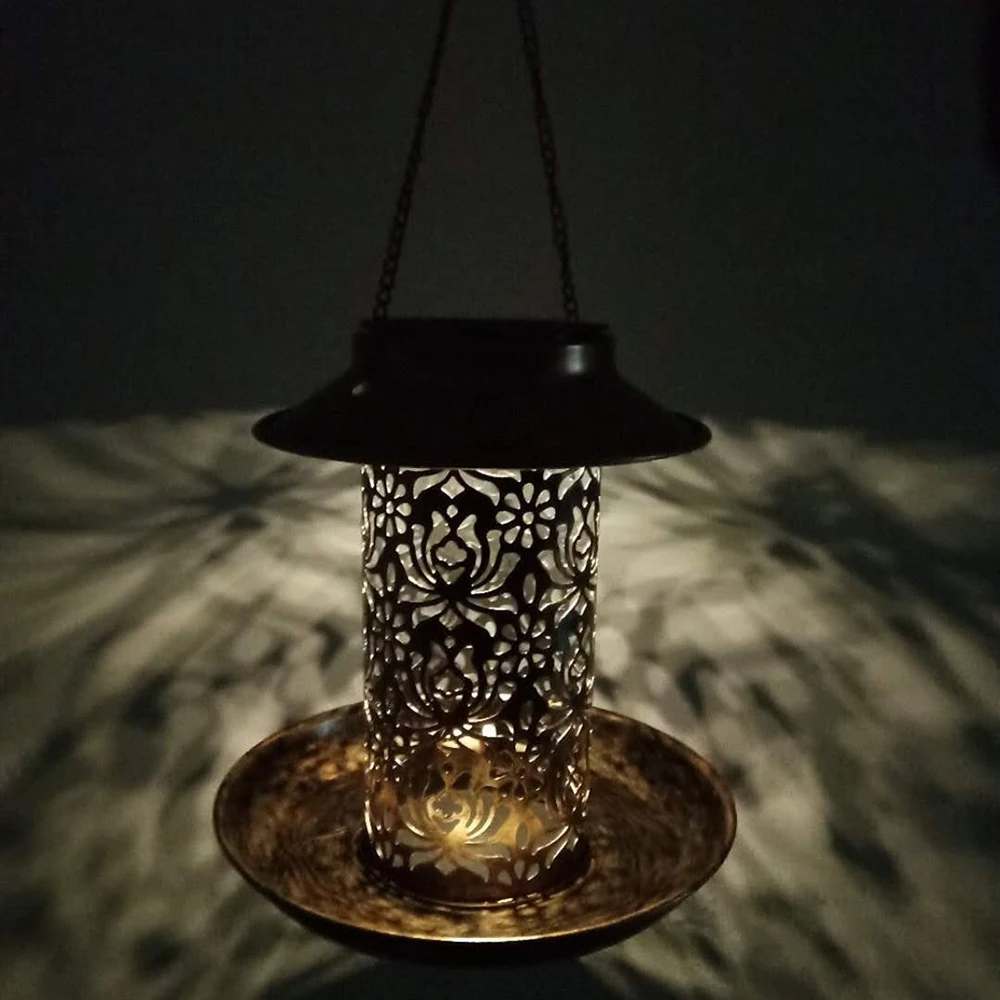 

Solar Energy Bird Feeder Waterproof Solar Light Wild Hanging Bronze Metal Tray Solar Lantern for Outdoors Garden Tree Decoration