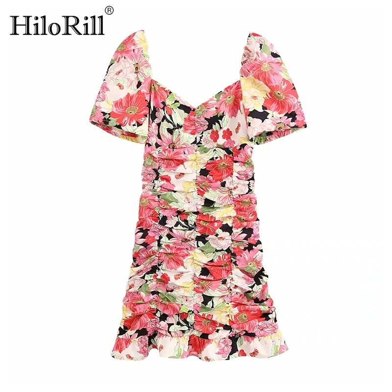 

Платье HiloRill женское с цветочным принтом, шикарный облегающий мини-сарафан с оборками вечерние коротким рукавом-фонариком, винтажный вечерн...