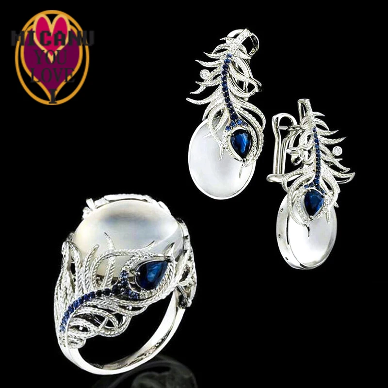 Кольцо Лунный камень опал Синий Циркон Хрустальный цветок модный роскошный