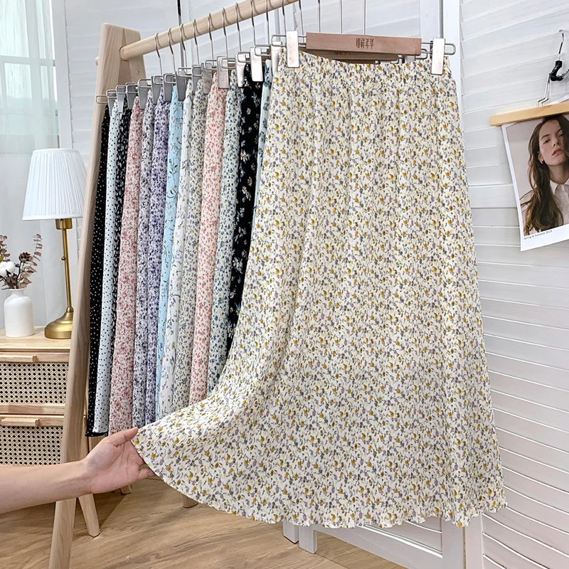 

Summer Women's Fashion Small floral print Harajuku Skirt 2021 New High Waist Floral Chiffon Skirt Long Section Leisure Skirt