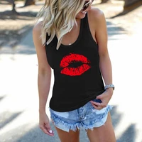 red sexy lips print tank tops women o neck sleeveless casual tees tops summer loose femme ladies vest ropa mujer tee shirt