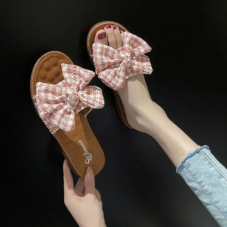 

2021 Summer New Beach Flat Beef Tendon Women's Slippers Outdoor Slippers Soft Bottom Bowknot Flip Flops