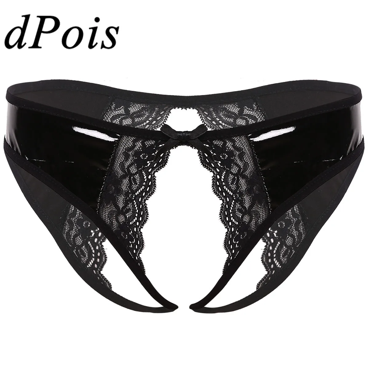

Womens Wet Look Patent Leather Lingerie Sexy Female Low Rise Crotchless Panties with Lace Edge Cheeky Hipster Briefs Underwear