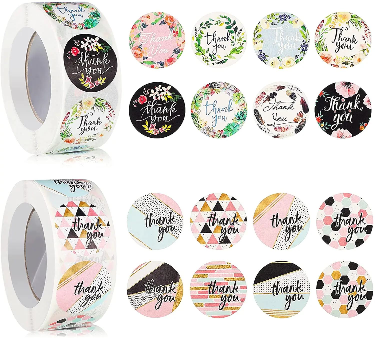 

2 Rouleaux 1000 Pièces Autocollant de Remerciement Floral 1 Pouce Rond Sticker d'Étiquette Thank You