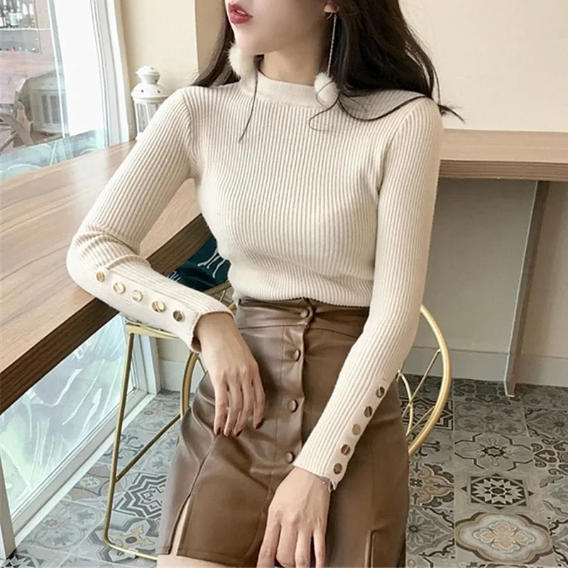 

New Women Pullover Sweater Long Sleeve Knitted Half Turtleneck Fashion Button Basic Tops Winter Elastic Slim Female Jumper